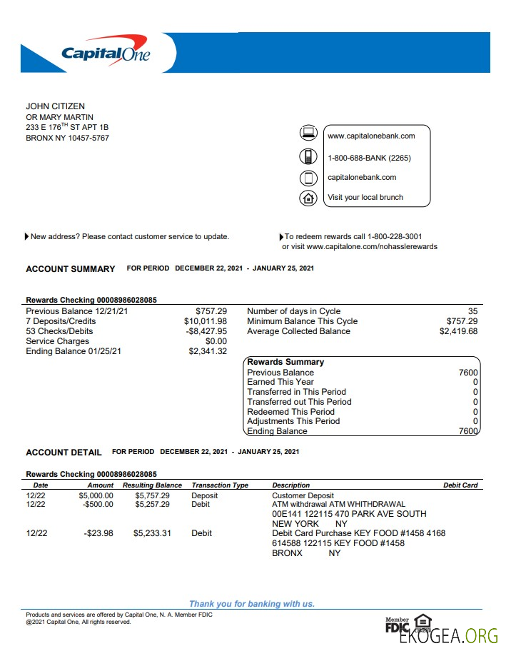 Modèle de relevé bancaire USA Capital One au format Word et PDF, version 4